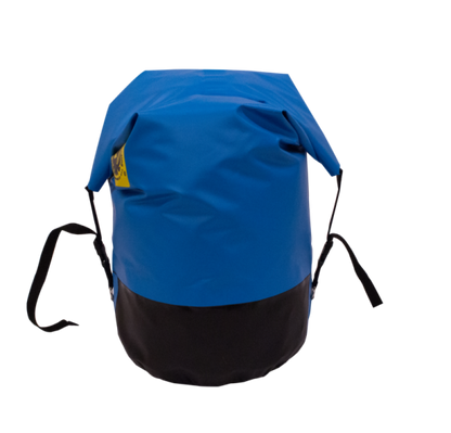 The Jacks Plastic Welding Outfitter Dry Bag is a blue and black rugged dry bag made with welded 18oz PVC; it features a roll-top closure and side straps, displayed on a plain white background.