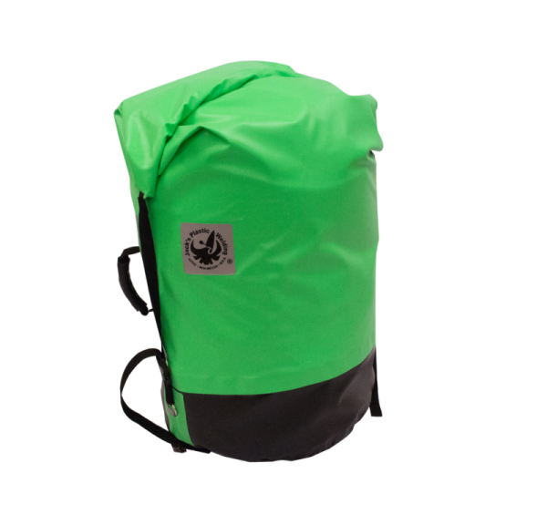 A green and black Outfitter Dry Bag by Jacks Plastic Welding, featuring a roll-top closure, front logo, and durable rugged welded 18oz PVC construction.