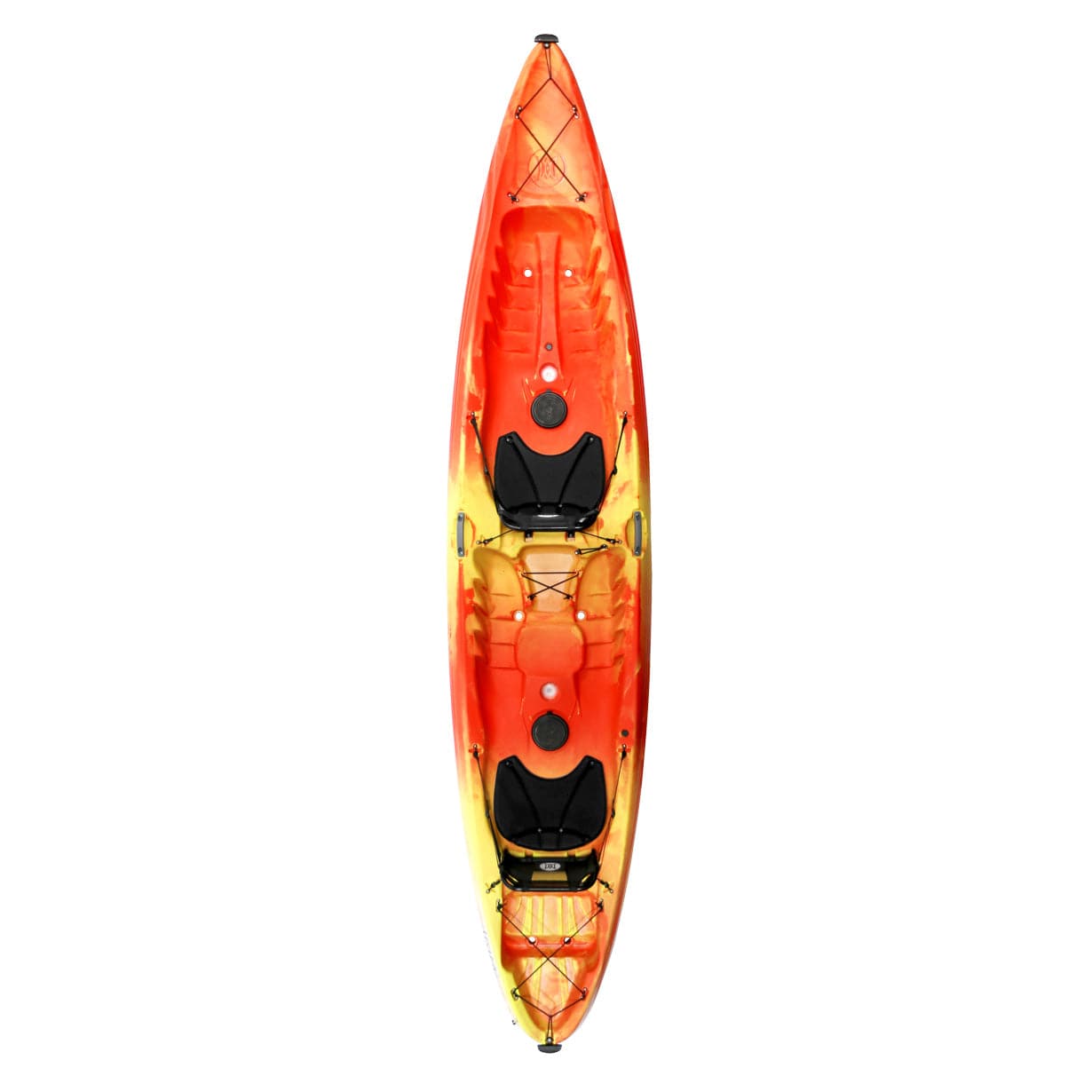 Featuring the Tribe 13.5 Tandem tandem / 2 person rec kayak manufactured by Perception shown here from a fourth angle.