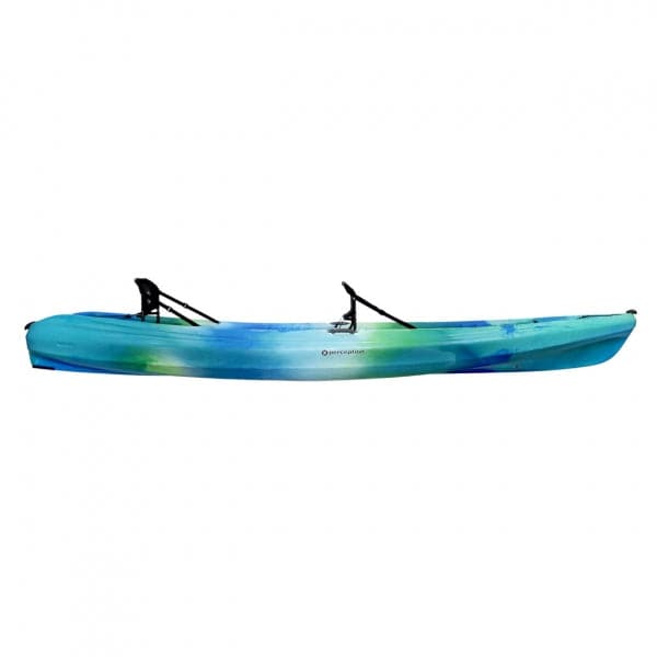 Featuring the Tribe 13.5 Tandem tandem / 2 person rec kayak manufactured by Perception shown here from one angle.
