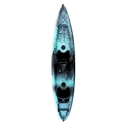Featuring the Tribe 13.5 Tandem tandem / 2 person rec kayak manufactured by Perception shown here from a second angle.