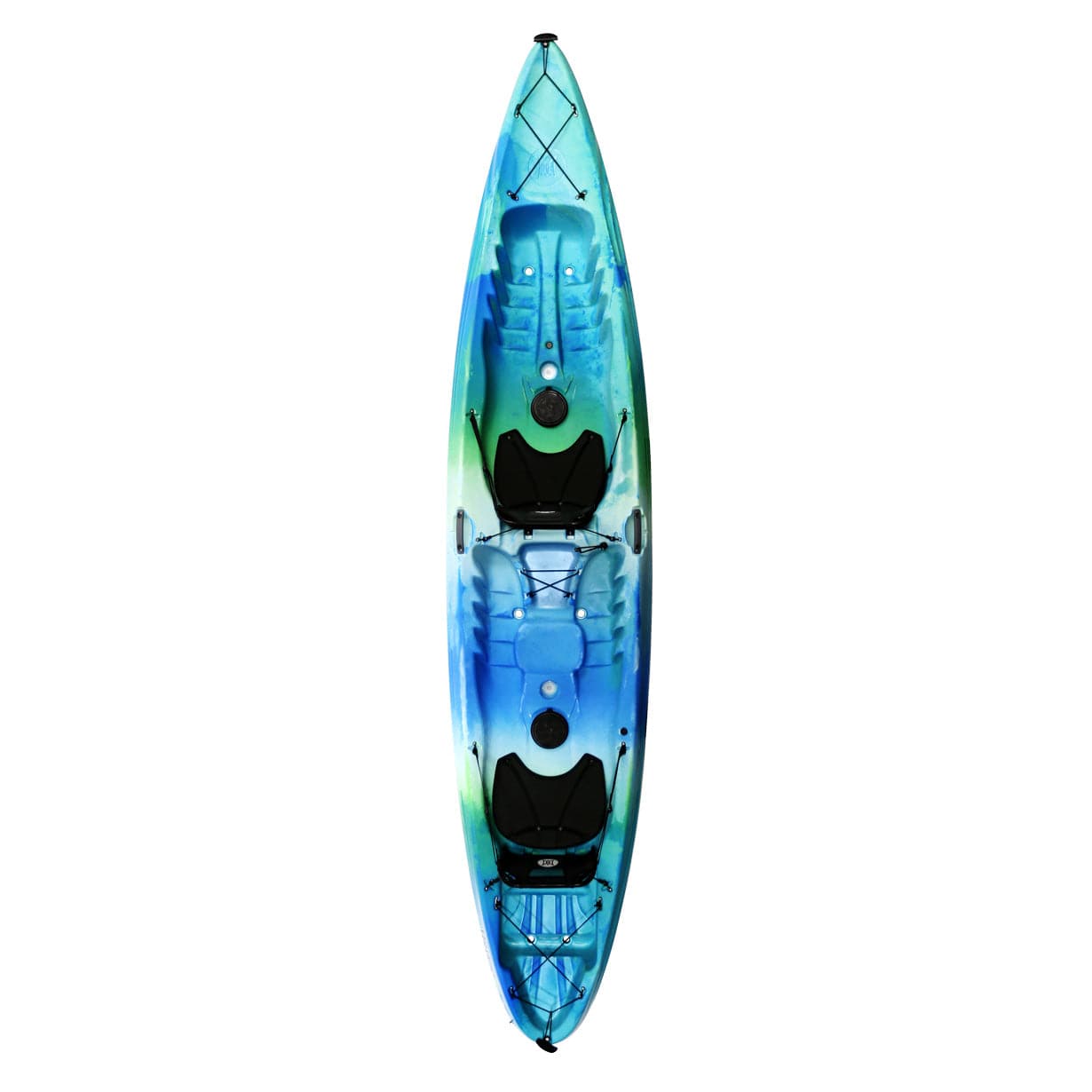 Featuring the Tribe 13.5 Tandem tandem / 2 person rec kayak manufactured by Perception shown here from a third angle.