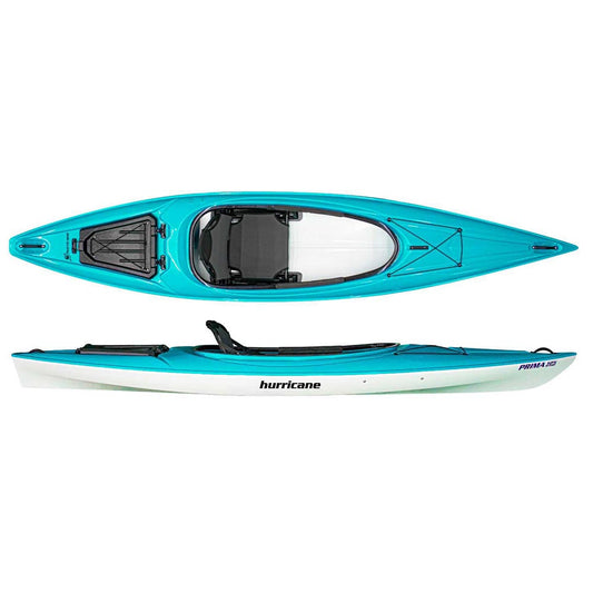 Top and side views of the turquoise Prima kayak by Hurricane Kayaks reveal a sleek design, featuring comfort grip handles and a black, removable seat for easy transport.