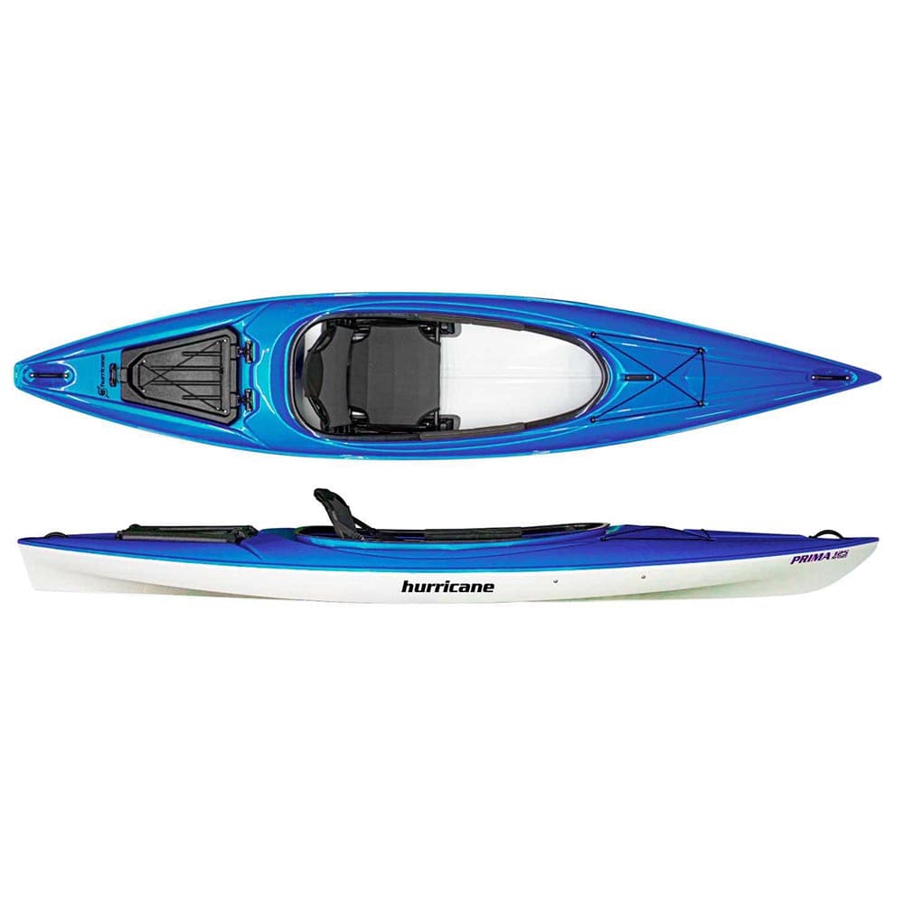 Top and side views of the ultra-light blue and white "Prima" kayak by Hurricane Kayaks, featuring comfort grip handles, a removable seat, and a convenient storage area.