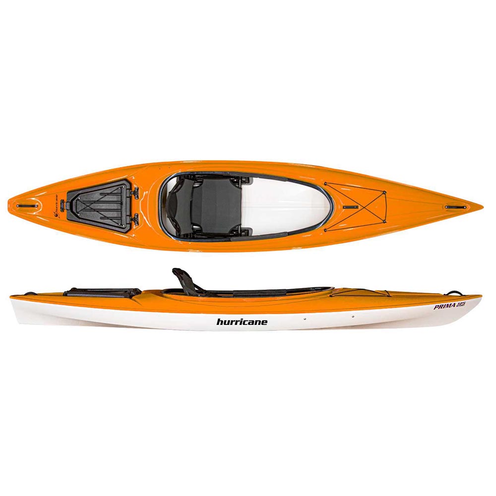 The Prima by Hurricane Kayaks is an ultra-light orange and white kayak with a black removable seat, storage area, and comfort grip handles for easy transport. Seen from above and side.