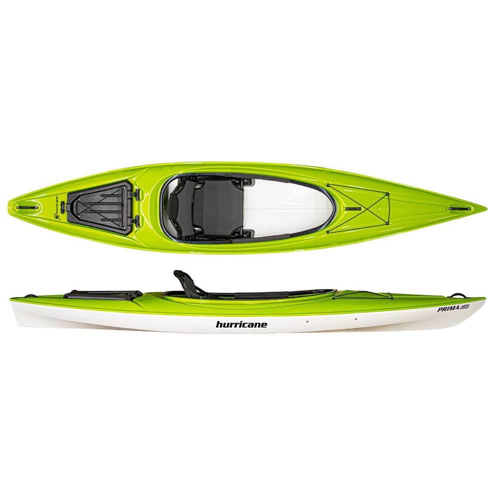The Prima by Hurricane Kayaks offers top and side views, showcasing its ultra-light green and white design with a black removable seat, storage hatch, and comfort grip handles.