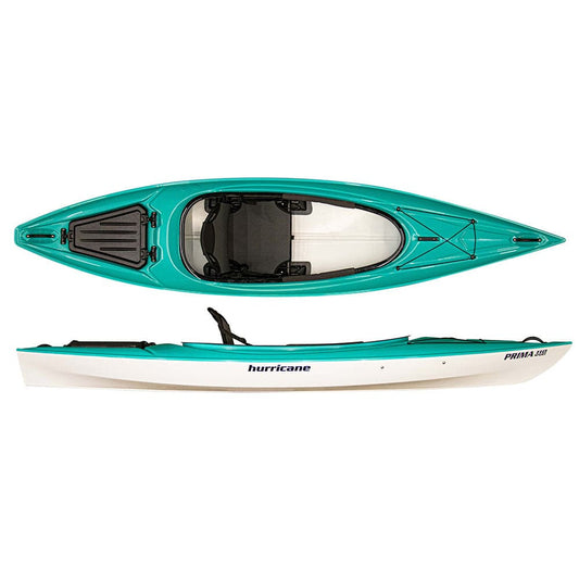The Prima by Hurricane Kayaks is an ultra-light turquoise and white kayak with comfort grip handles, an open cockpit, and top and side views.