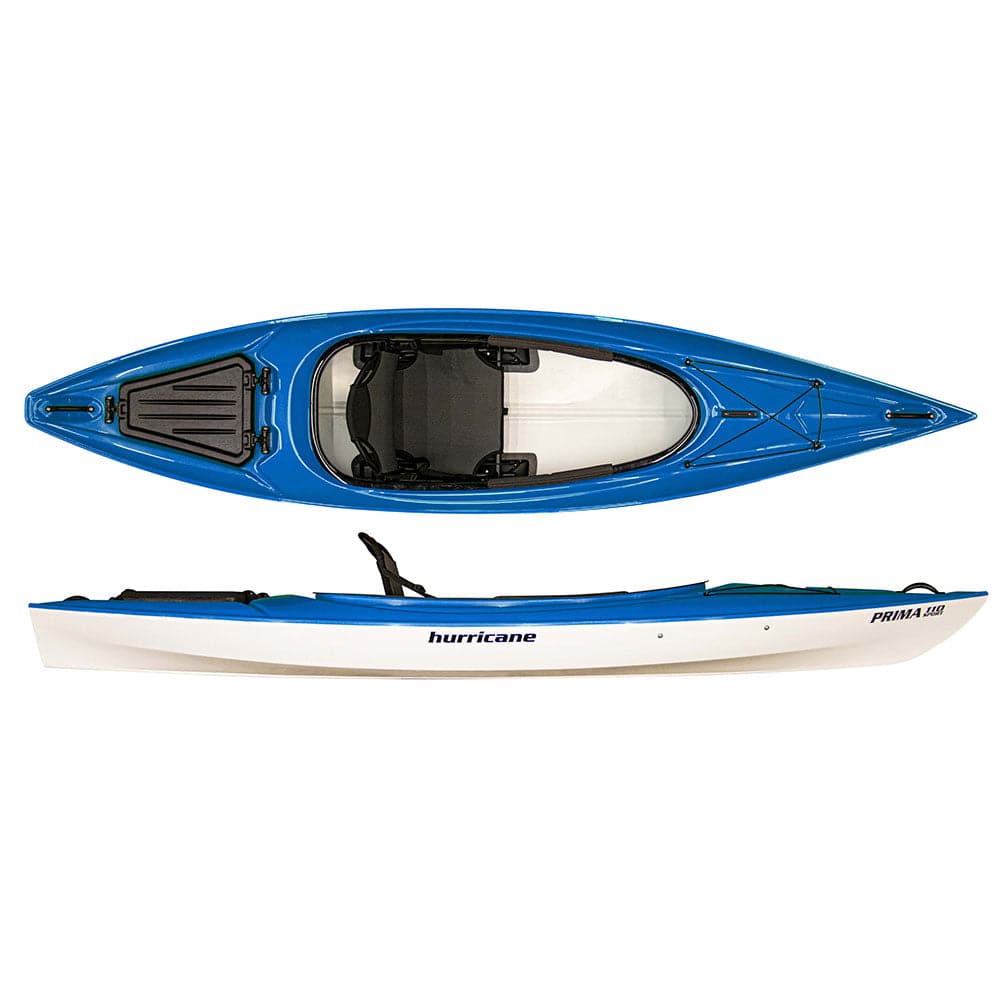 Top and side views of the Hurricane Kayaks Prima, featuring a blue and white design with an open cockpit, padded removable seat, and comfort grip handles.