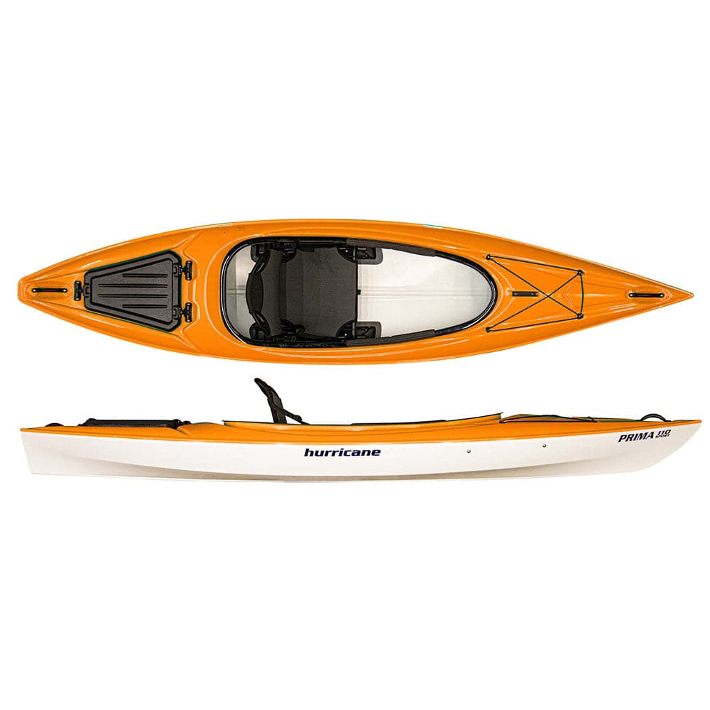 Explore top and side views of the Prima, an ultra-light orange and white kayak by Hurricane Kayaks, featuring a black removable seat, hatch, bungee cords for storage, and comfort grip handles.