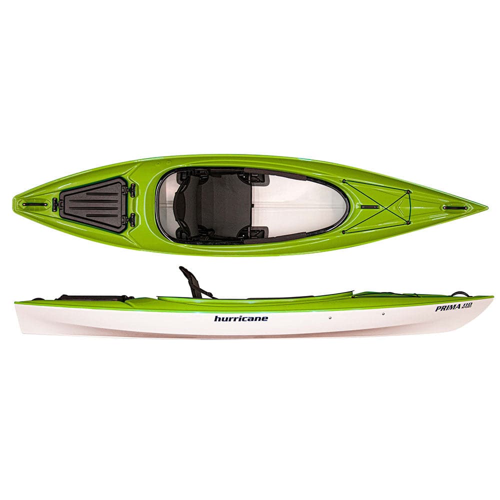 The Prima by Hurricane Kayaks is an ultra-light kayak in green and white, shown from top and side views. It features a cockpit, storage area, comfort grip handles for easy transport, and a removable seat for convenience.