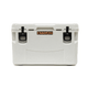 The Canyon Coolers PRO Series white hard-sided cooler, featuring the "Canyon" logo and two black latches, offers maximum ice retention and comes with a lifetime warranty.