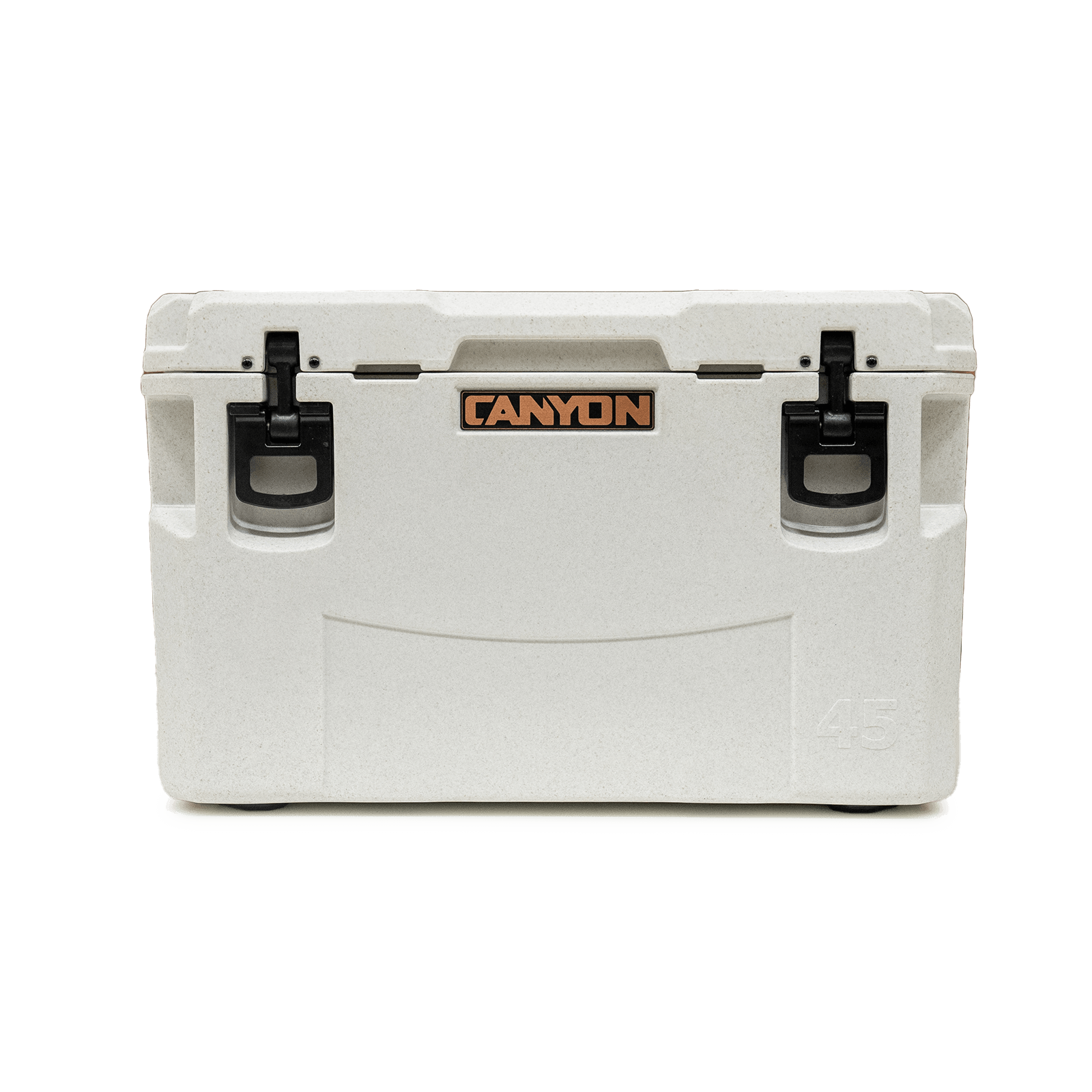 The Canyon Coolers PRO Series white hard-sided cooler, featuring the "Canyon" logo and two black latches, offers maximum ice retention and comes with a lifetime warranty.