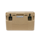 The tan PRO Series Cooler by Canyon Coolers features a textured surface, black handles, and a sleek logo on the front. Built for adventure, it offers maximum ice retention and includes a lifetime warranty for peace of mind.