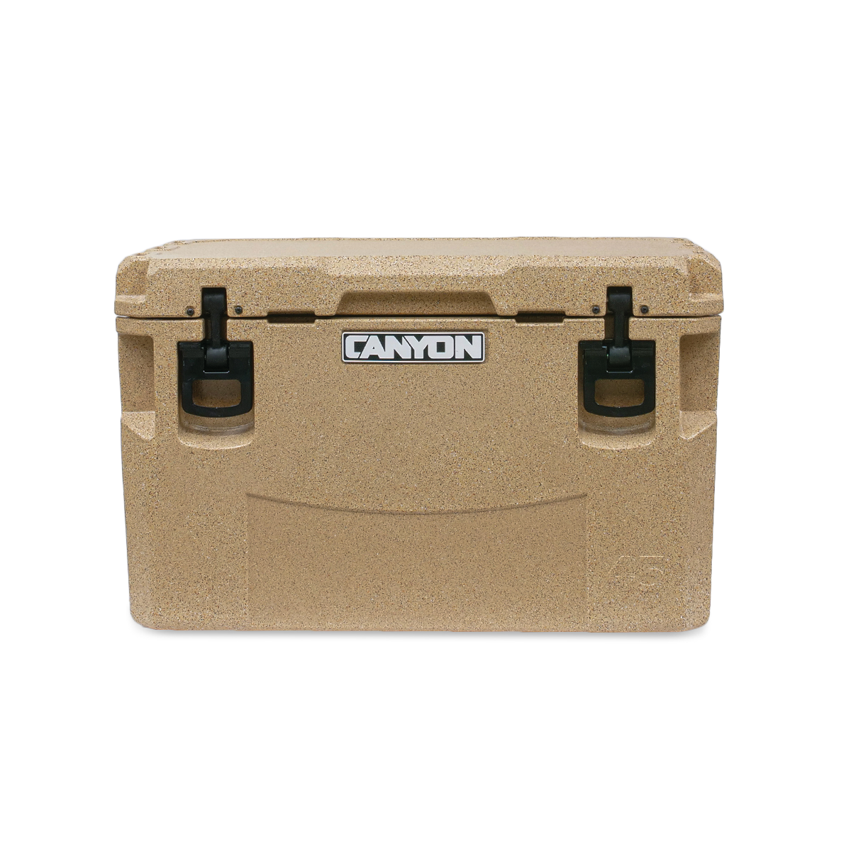 The tan PRO Series Cooler by Canyon Coolers features a textured surface, black handles, and a sleek logo on the front. Built for adventure, it offers maximum ice retention and includes a lifetime warranty for peace of mind.