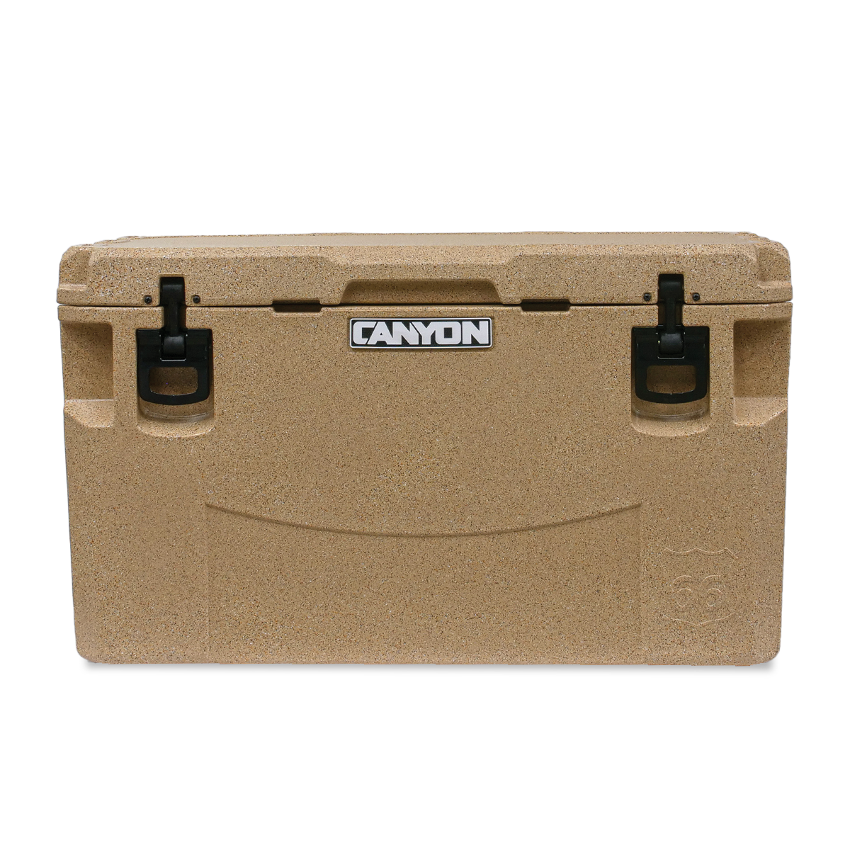 A tan PRO Series Cooler from Canyon Coolers, featuring black handles and the iconic "Canyon" logo on the lid, promises maximum ice retention.