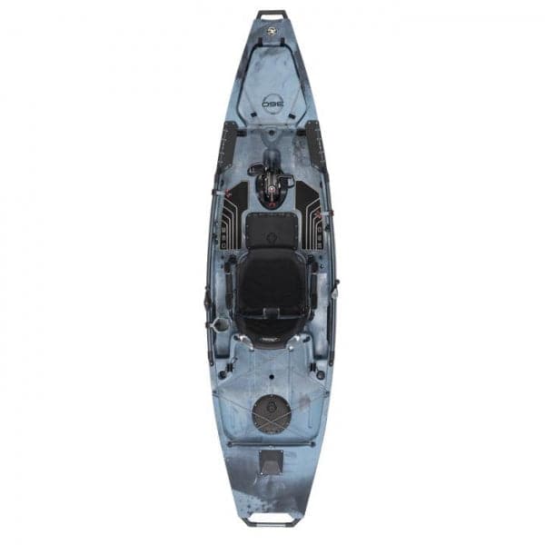 This image showcases a Hobie Pro Angler 360 XR - 12ft fishing kayak with Angler-friendly features and Mirage Drive Technology.