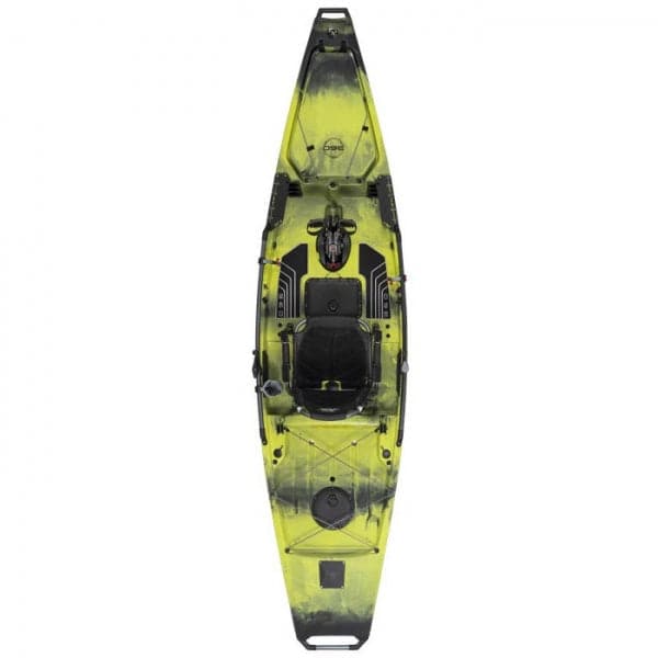 A yellow Hobie Pro Angler 360 XR - 14ft with Mirage 360 XR Drive Technology on a white background.
