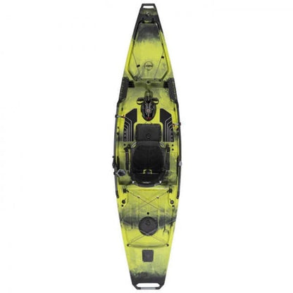 A yellow Hobie Pro Angler 360 XR - 14ft with Mirage 360 XR Drive Technology on a white background.