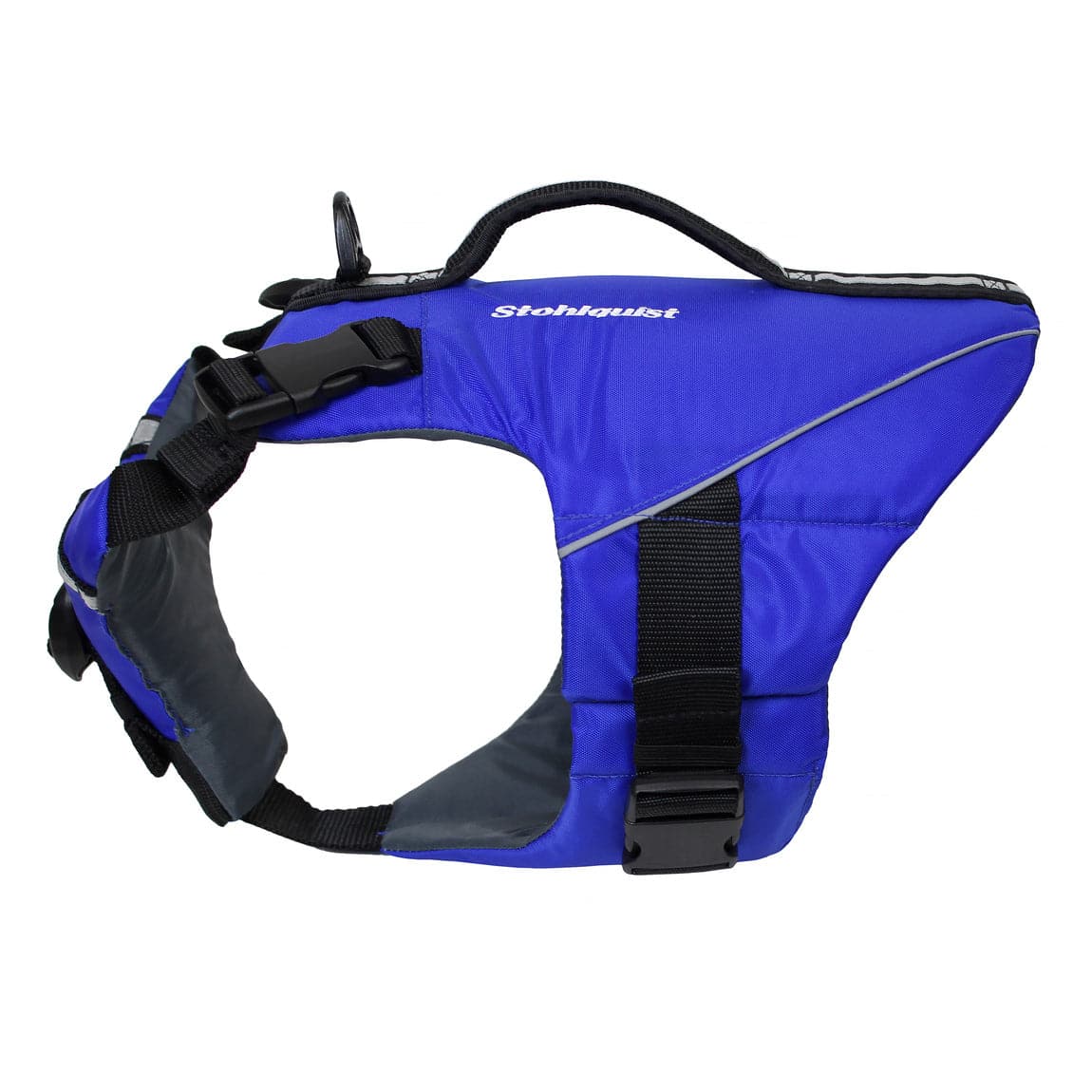 Featuring the Pup Float PFD dog pfd manufactured by Stohlquist shown here from one angle.