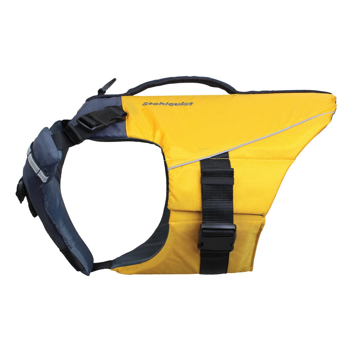 Featuring the Pup Float PFD dog pfd manufactured by Stohlquist shown here from a fourth angle.