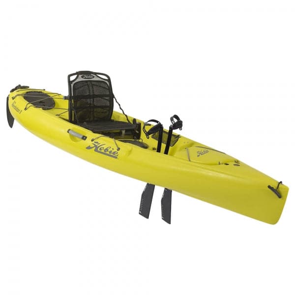 Featuring the Mirage Revolution 11 pedal drive kayak manufactured by Hobie shown here from one angle.