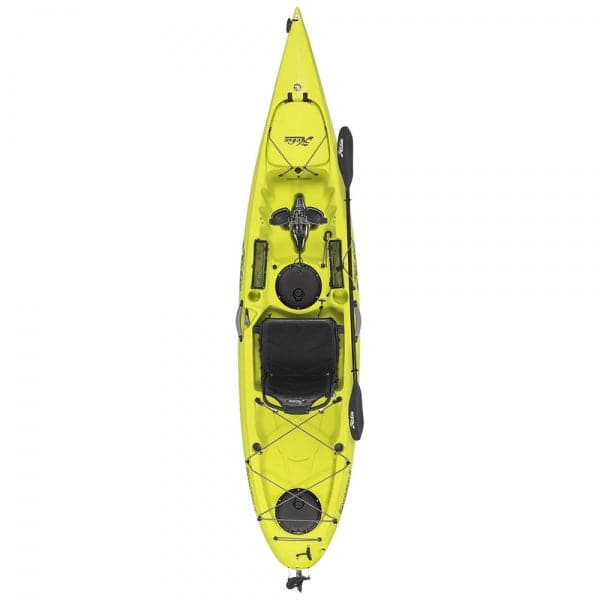 Featuring the Mirage Revolution 11 pedal drive kayak manufactured by Hobie shown here from a fourth angle.