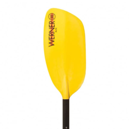 a yellow paddle with a black handle on a white background.