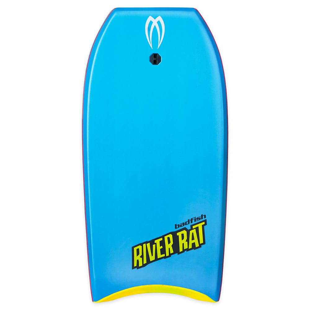 Featuring the River Rat whitewater sup manufactured by Badfish shown here from one angle.