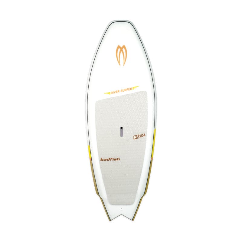 Featuring the River Surfer 104 river surfing, whitewater sup manufactured by Badfish shown here from one angle.