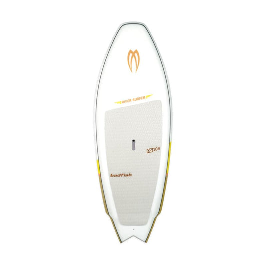 Featuring the River Surfer 104 river surfing, whitewater sup manufactured by Badfish shown here from one angle.