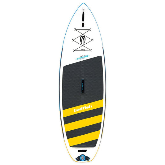 Featuring the Rivershred 2.0 inflatable sup, river surfing, whitewater sup manufactured by Badfish shown here from one angle.