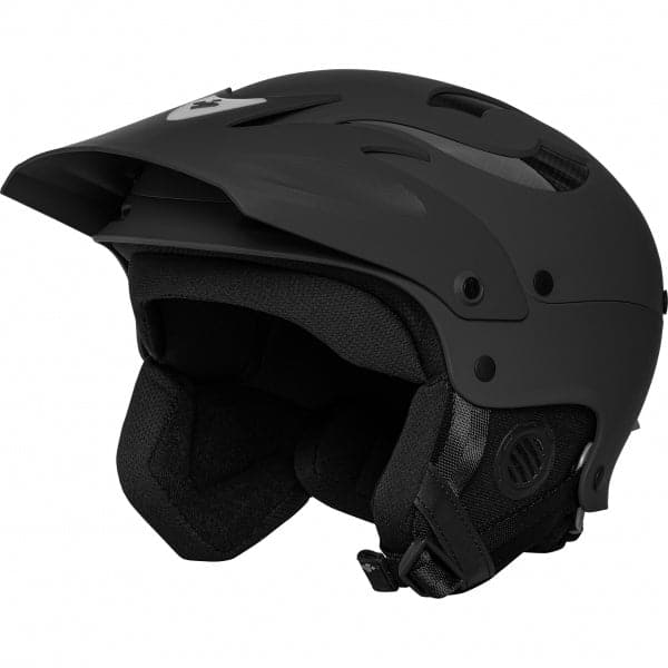 The Sweet Protection Rocker Helmet is a black helmet with a visor, cushioned interior, and adjustable strap for safety. Featuring TLC Shell Technology, it provides superior protection for whitewater adventures.
