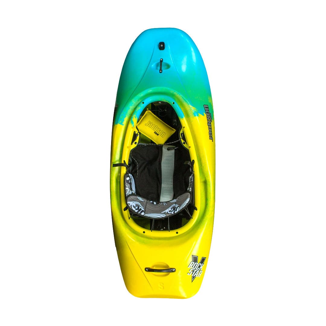 Featuring the RockStar V freestyle kayak, new, play boat manufactured by Jackson Kayak shown here from a fifth angle.