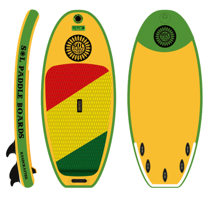 The SOLjah paddleboard from SOL Paddle Boards is yellow and green with a red stripe. It includes top, bottom, and side views and features customizable fins for an enhanced inflatable river surf experience.