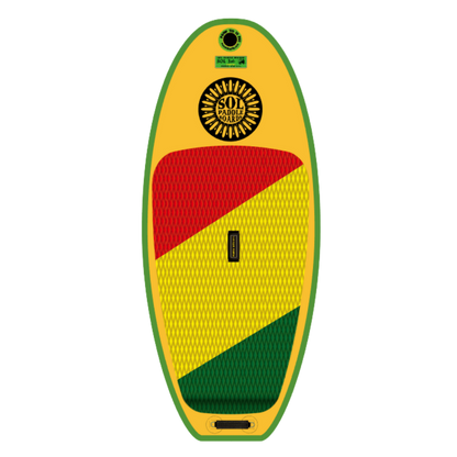 The SOLjah by SOL Paddle Boards is a brightly colored paddleboard with red, yellow, and green sections. It features a textured grip surface, a central handle for carrying, and customizable fins for better performance on inflatable river surf.