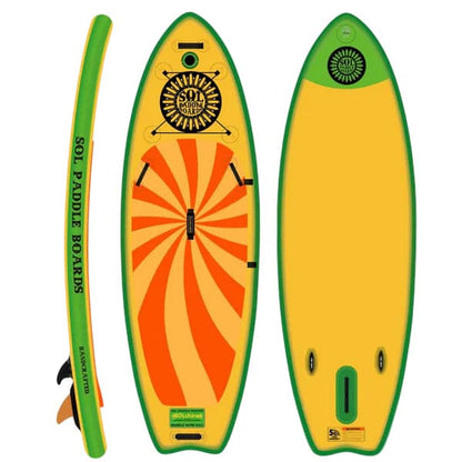 The SOLshine by SOL Paddle Boards is a yellow and green inflatable stand-up paddleboard with a circular orange pattern. Designed for yoga stability or river paddling, it offers a side view and features fin slots on the bottom to enhance maneuverability.
