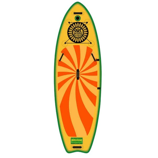 The SOLshine by SOL Paddle Boards is a yellow and orange inflatable stand-up paddle board featuring a pinwheel design, green edges, and a sun graphic near the nose. Perfect for river paddling or yoga stability.