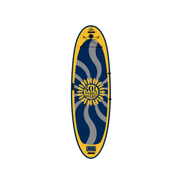 The SOLshiva package by SOL Paddle Boards features a blue and yellow inflatable stand-up paddle board with a wave pattern and the brand's logo, ideal for yoga SUP enthusiasts.