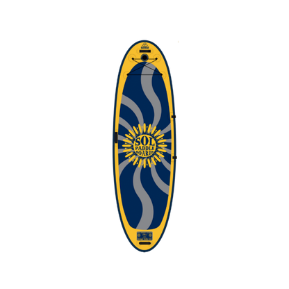 The SOLshiva package by SOL Paddle Boards features a blue and yellow inflatable stand-up paddle board with a wave pattern and the brand's logo, ideal for yoga SUP enthusiasts.