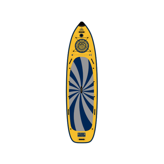 The SOLsumo by SOL Paddle Boards is a yellow and blue inflatable SUP with a radial spiral center and geometric designs at the top and bottom, featuring the Advanced GalaXy Stringer System.