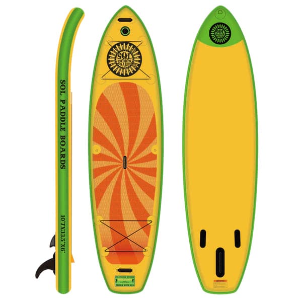 Three views of a colorful SOLtrain inflatable SUP: side, top, and bottom, featuring yellow and green design with a sun motif.