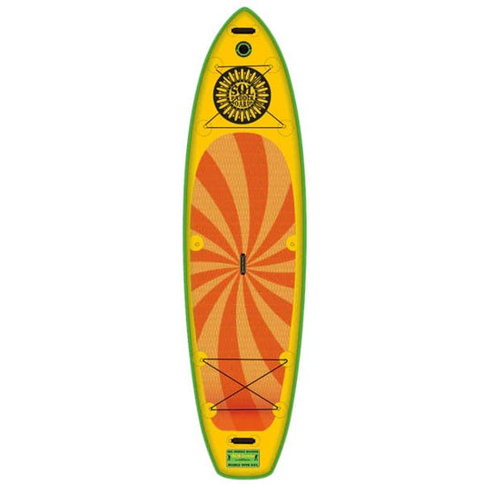 The SOLtrain by SOL Paddle Boards is an inflatable SUP with a vibrant yellow, orange, and green design featuring a sun emblem at the top. It's durable, stiff, and perfect for paddling adventures.