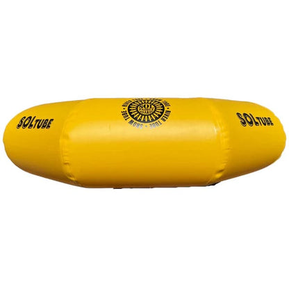 The yellow inflatable SOLtube from SOL Paddle Boards is made of military-grade PVC, has black text and logos reading "SOLtube" and "Wahine Women's Pro," and features advanced welded seam technology for enhanced durability.