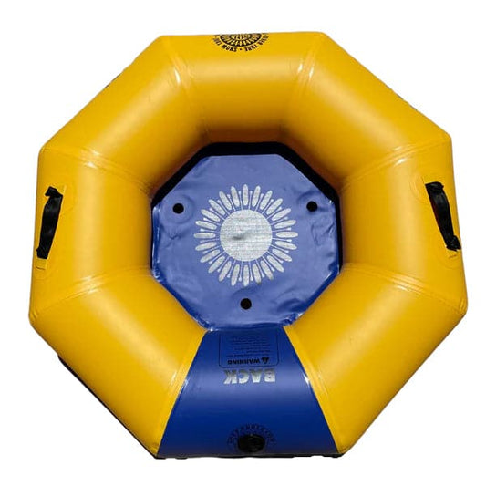 The SOL Paddle Boards SOLtube is a yellow and blue inflatable with handles, featuring a sunburst design at the center. Crafted from military-grade PVC and enhanced with welded seam technology for durability.