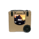 The Canyon Coolers Mule 30 Cooler in tan is a wheeled unit with hard wheels and a mountain graphic. It has two black latches, a sturdy side handle for easy transport, and a jungle bungee strap to secure essentials for adventures.