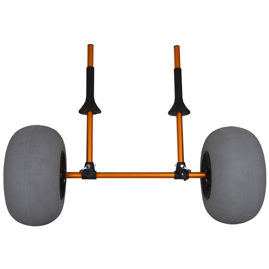 The Salamander Scupper Kayak Cart - Balloon features two large grey balloon wheels mounted on an orange frame with dual handles, making it ideal for transporting sit-on-top kayaks or doubling as a beach cart.