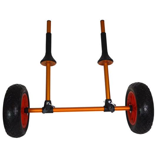 The Salamander Scupper Kayak Cart boasts an aluminum frame and is designed with two black foam handles paired with striking black and red wheels that have foam-filled tires for smooth transportation.