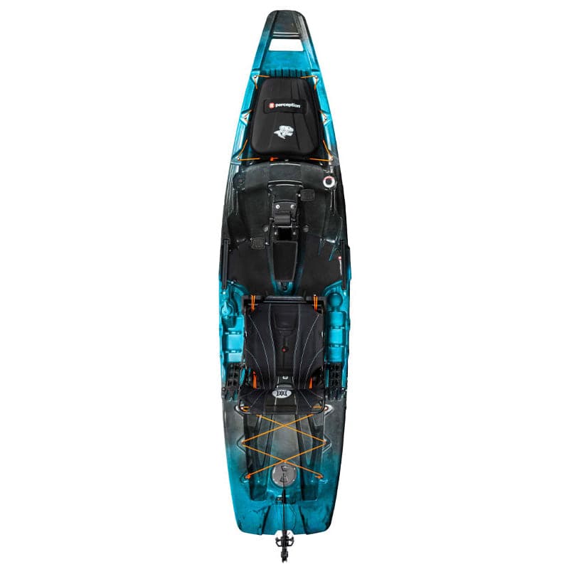 Featuring the Showdown 11.5 fishing kayak, pedal drive kayak manufactured by Perception shown here from a fourth angle.