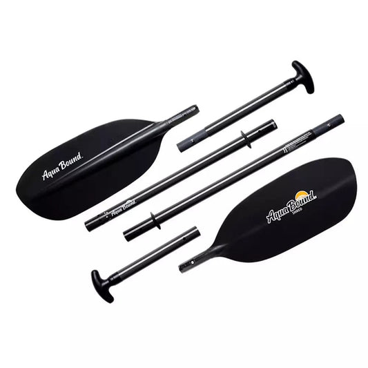 Featuring the Shred Apart 4-Piece Kayak / Canoe Paddle breakdown paddle, carbon fiber whitewater paddle, hand paddle, ik paddle, pack raft paddle manufactured by AquaBound shown here from one angle.