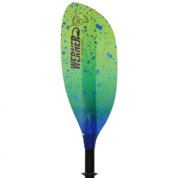 Featuring the Shuna Hooked Adjustable fishing kayak paddle manufactured by Werner shown here from one angle.